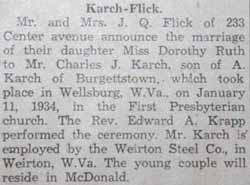 Marriage Notice for Charles J. KARCH to Dorothy Ruth Flick, 11 Jan 1934