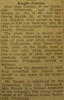 Marriage notice for 
George KARGLE, Jr. to Olga Carsino, 20 May 1944