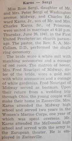 Marriage Notice for Charles Edward KARNS, Jr. to Rose Sergi, 26 Jun 1947