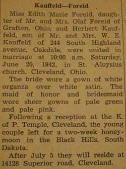 Marriage notice for Herbert KAUFFELD to Edith Marie Foreid, 20 Jun 1942