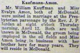 Marriage Notice for William KAUFMANN to Evalyn Amon, 12 Apr 1917