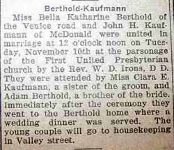 Marriage Notice for John H. KAUFMANN to Bella Katharine Berthold, 10 Nov 1925