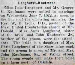 Article 1 Marriage Notice for George C. KAUFMANN to Lula Langhurst, 7 Jun 1922