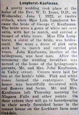 Article 2 Marriage Notice for George C. KAUFMANN to Lula Langhurst, 7 Jun 1922