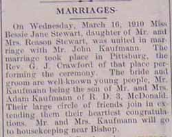 Marriage Notice for John KAUFMANN to Bessie Jane STEWART, Weds., March 16, 1910