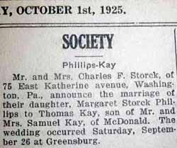 Marriage Notice for Thomas KAY to Margaret Storek Phillips, 26 Sep 1925