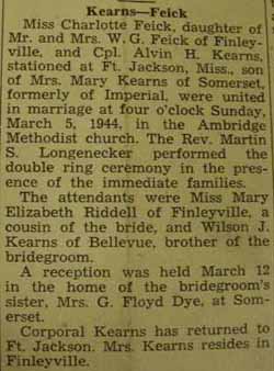 Marriage Notice for Alvin H. KEARNS to Charlotte Feick, 5 Mar 1944