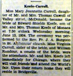 Wedding Announcement for Edward Shields KEEFE to Mary Jeannette Carroll, 13 Jun 1934