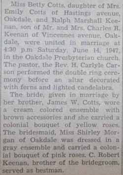 Part 1 Marriage Notice for Ralph Marshall KEENAN to Betty Cotts, 14 Jun 1947