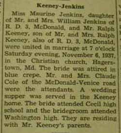 Marriage notice for 
Ralph KEENEY to Maurine Jenkins, 6 Nov 1937