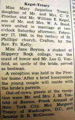 Marriage Notice for William E. KEGEL to Mary Jaqueline Treacy, 17 Feb 1940