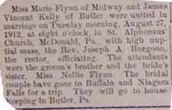 Marriage Notice for James Vincent KELLY to Marie Flynn, 27 Aug 1912