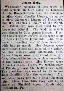 Marriage Notice for Charles J. KELLY to Cora Cecelia Lingan, no date, in 5-12-1922 paper