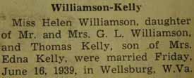 Marriage Notice for Thomas KELLY to Helen Williamson, 16 Jun 1939