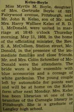 Marriage notice for 
John R. KELSO to Myrtle M. Boyle, 11 May 1938