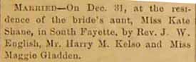 Marriage Notice for Harry M. KELSO to Maggie Gladden, 31 Dec 1891