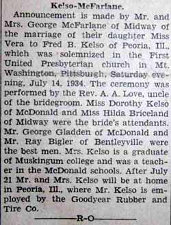 Marriage Notice for Fred B. KELSO to Vera McFarlane, 14 Jul 1934