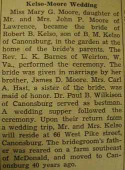 Marriage Notice for Robert B. KELSO to Mary G. Moore, no date, in 6-17-1938 paper