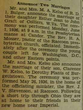 Marriage Notice for Clarence W. KELSO to Dorothy Plants, 26 May 1936