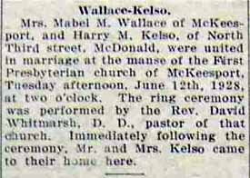 Marriage Notice for Harry M. KELSO to Mrs. Mabel M. Wallace, 12 Jun 1928