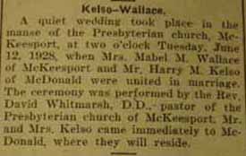 Marriage notice for Harry M. KELSO to Mrs. Mabel M. Wallace, 12 Jun 1928