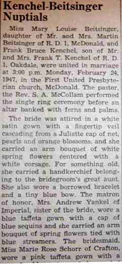 Part 1 Marriage Notice for Frank Bruce KENCHEL to Mary Louise Beitsinger, 24 Feb 1947