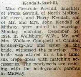 Marriage Notice for Harry KENDALL to Gertrude Sawhill, 24 Dec 1934