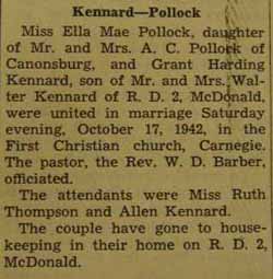 Marriage notice for Grant Harding KENNARD to Ella Mae Pollock, 17 Oct 1942