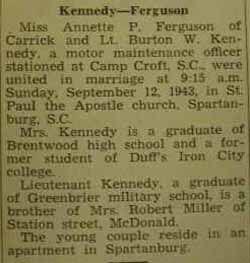 Marriage Notice for Burton W. KENNEDY to Annette P. Ferguson, 12 Sep 1943