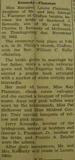 Marriage Notice for Raymond J. KENNEDY to Margaret Louise Flamman, 26 Nov 1942