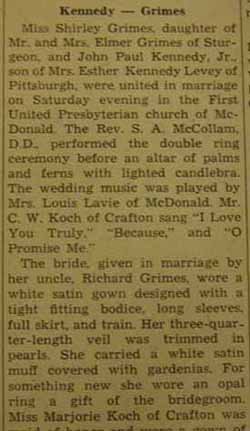 Part 1 Marriage Notice for John Paul KENNEDY, Jr. to Shirley Grimes, no date, in 7-5-1946 paper