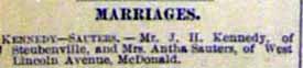 Marriage Notice for J. H. KENNEDY to Mrs. Antha Sauters, no date, in 7-31-1897 paper