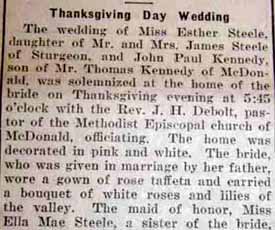 Part 1 Marriage Notice for John Paul KENNEDY to Esther Steele, Thanksgiving evening, 1922