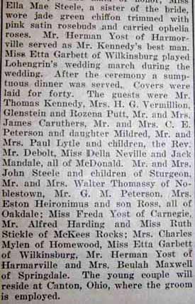 Part 2 Marriage Notice for John Paul KENNEDY to Esther Steele, Thanksgiving evening, 1922