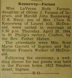 Marriage Notice for Harold John KENNEWEG to LaVerne Ruth Farnan, 20 Apr 1944