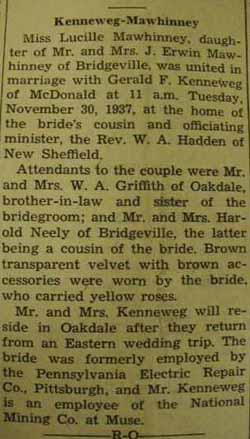 Marriage Notice for Gerald F. KENNEWEG to Lucille Mawhinney, 30 Nov 1937