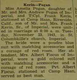 Marriage Notice for Frank KERIN to Amelia Pogan, 23 Nov 1943