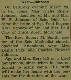 Marriage Notice for Paul Eugene KERR to Thalia Eilene Johnson, 20 Mar 1943