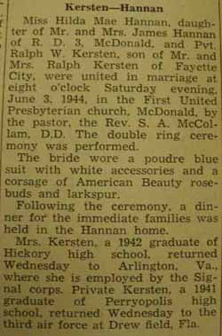 Marriage Notice for Ralph W. KERSTEN to Hilda Mae Hannan, 3 Jun 1944