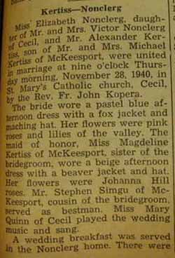 Marriage Notice for Alexander KERTISS to Elizabeth Nonclerg, 28 Nov 1940