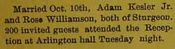 Marriage Notice for Adam KESLER, Jr. to Rose Williamson, 10 Oct 1905