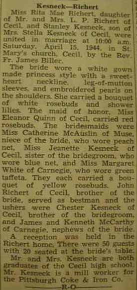 Marriage Notice for Stanley KESNECK to Rita Mae Richert, 15 Apr 1944