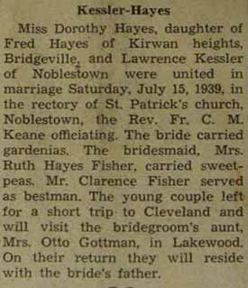 Marriage Notice for Lawrence KESSLER to Dorothy Hays, 15 Jul 1939
