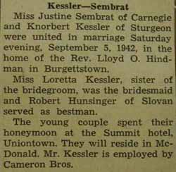 Marriage Notice for Knorbert KESSLER to Justine Sembrat, 5 Sep 1942