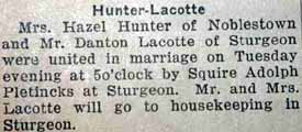 Marriage Notice for Danton LACOTTE to Mrs. Hazel Hunter, no date, in 4-16-1925 paper