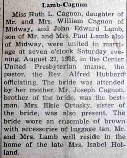 Marriage Notice for John Edward LAMB to Ruth L. Cagnon, 27 Aug 1938