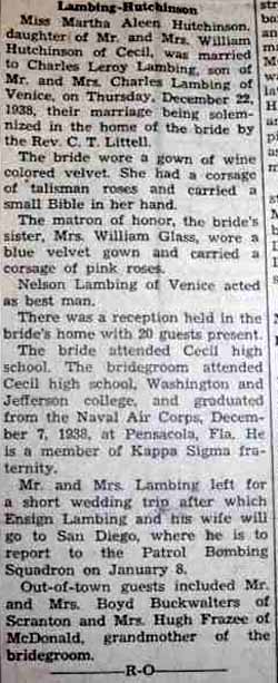 Charles Leroy LAMBING to Martha Aleen Hutchinson, 22 Dec 1938