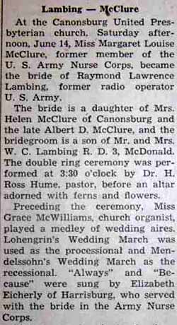 Part 1 Marriage Notice for Raymond Lawrence LAMBING to Margaret Louise McClure, 14 Jun 1947