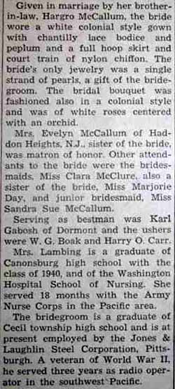 Part 2 Marriage Notice for Raymond Lawrence LAMBING to Margaret Louise McClure, 14 Jun 1947