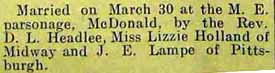 Wedding Notices for J. E. LAMPE to Lizzie Holland, 30 Mar 1912